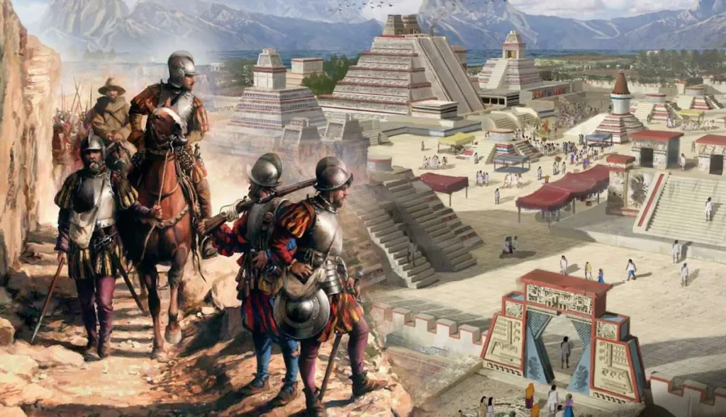 Spanish Conquistadors looking over a civiliation